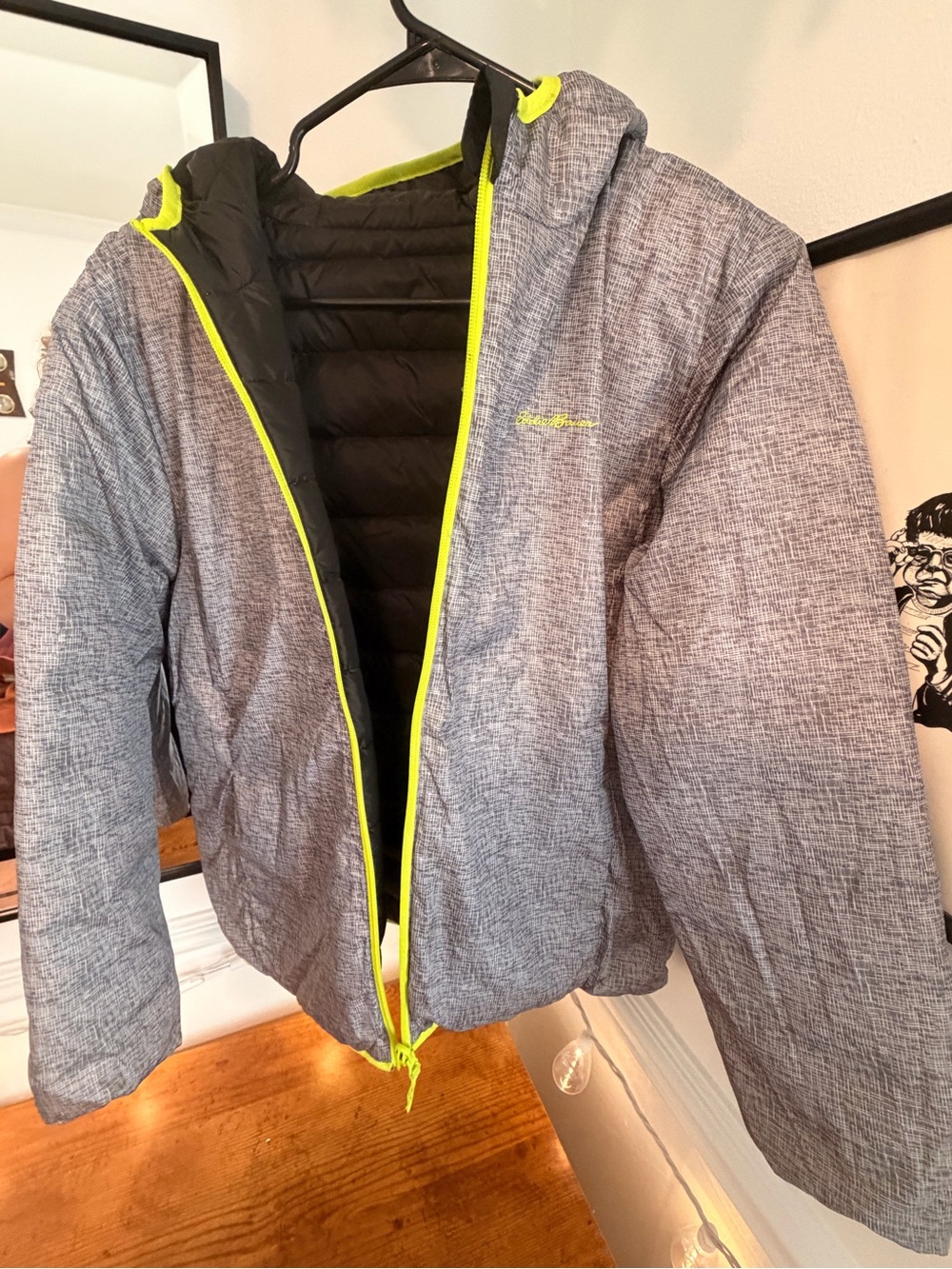 Gray Puffer Jacket with Neon Yellow Trim